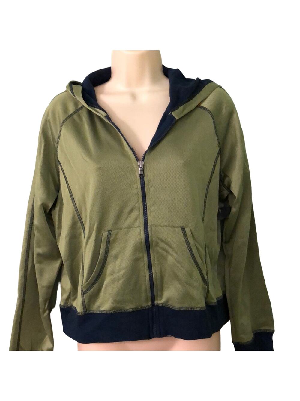 SJB Active Petite Size Large Green & Navy Knit Hoodie Jacket Athletic Sporty